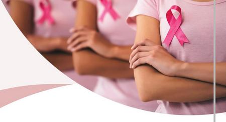 נשים לבושות בוורוד עם סמל המלחמה למניעת סרטן השד