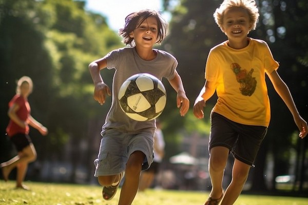 שני ילדים משחקים בכדורגל