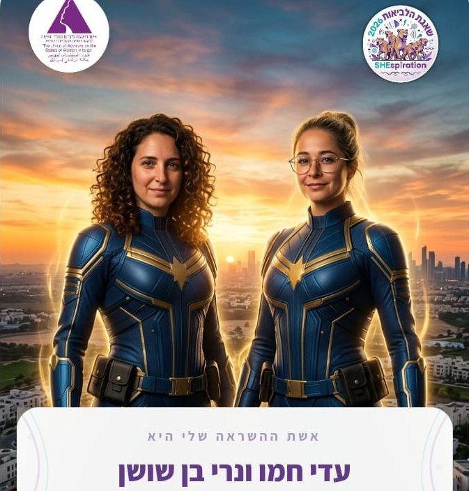 עדי חמו ונרי בן שושן בהדמיית AI מתוך קמפיין שאגת הלביאות 2026 של איגוד היועצות לקידום מעמד האישה ברשויות המקומיות
